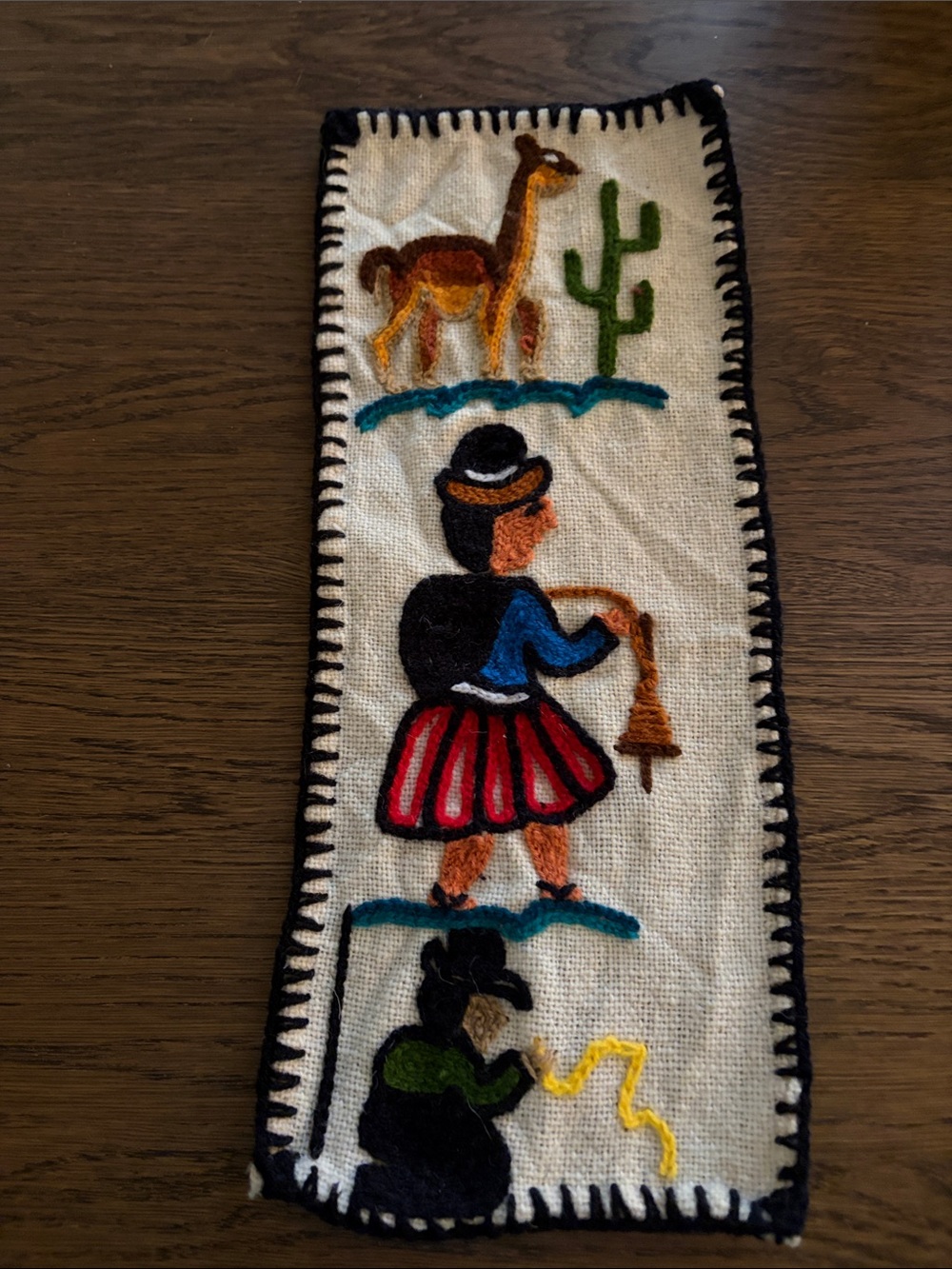 Peru Handcrafted Embroidered Alpaca & Figure Wall Hanging - Cream, Red, Blue
